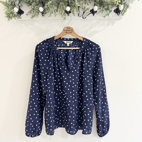 Boden Navy White Polka Dot V Neck 100% Silk Blouse Size 6 CP - Picture 1 of 4